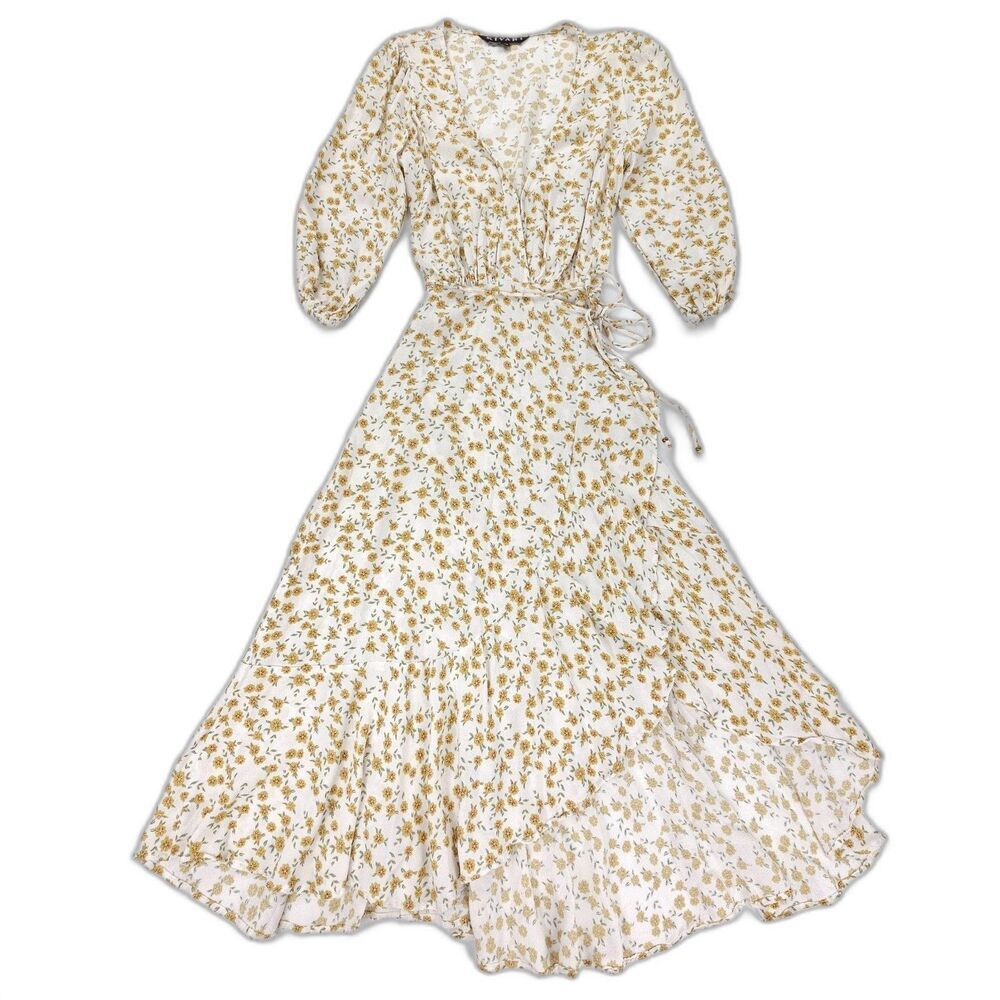 KIVARI Everly Wrap Midi Dress Ditzy Floral Cottagecore Boho Prairie French Girl